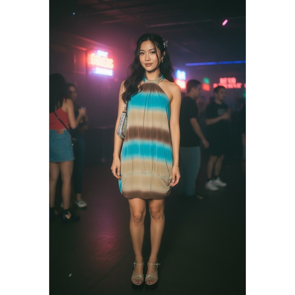 Sushi Flower Halter Mini Dress XL Blue Brown Ombre Stripe Y2K Open Back Boho